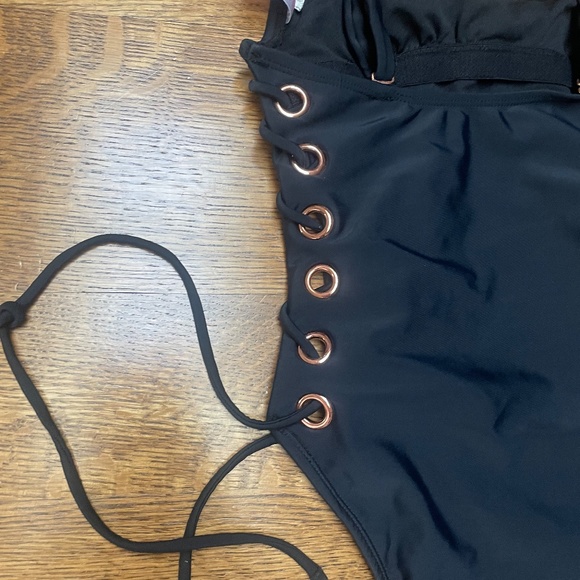 Xhilaration 1 piece Black bathing Suit with rose gold Grommets and ties on sides - Picture 4 of 6